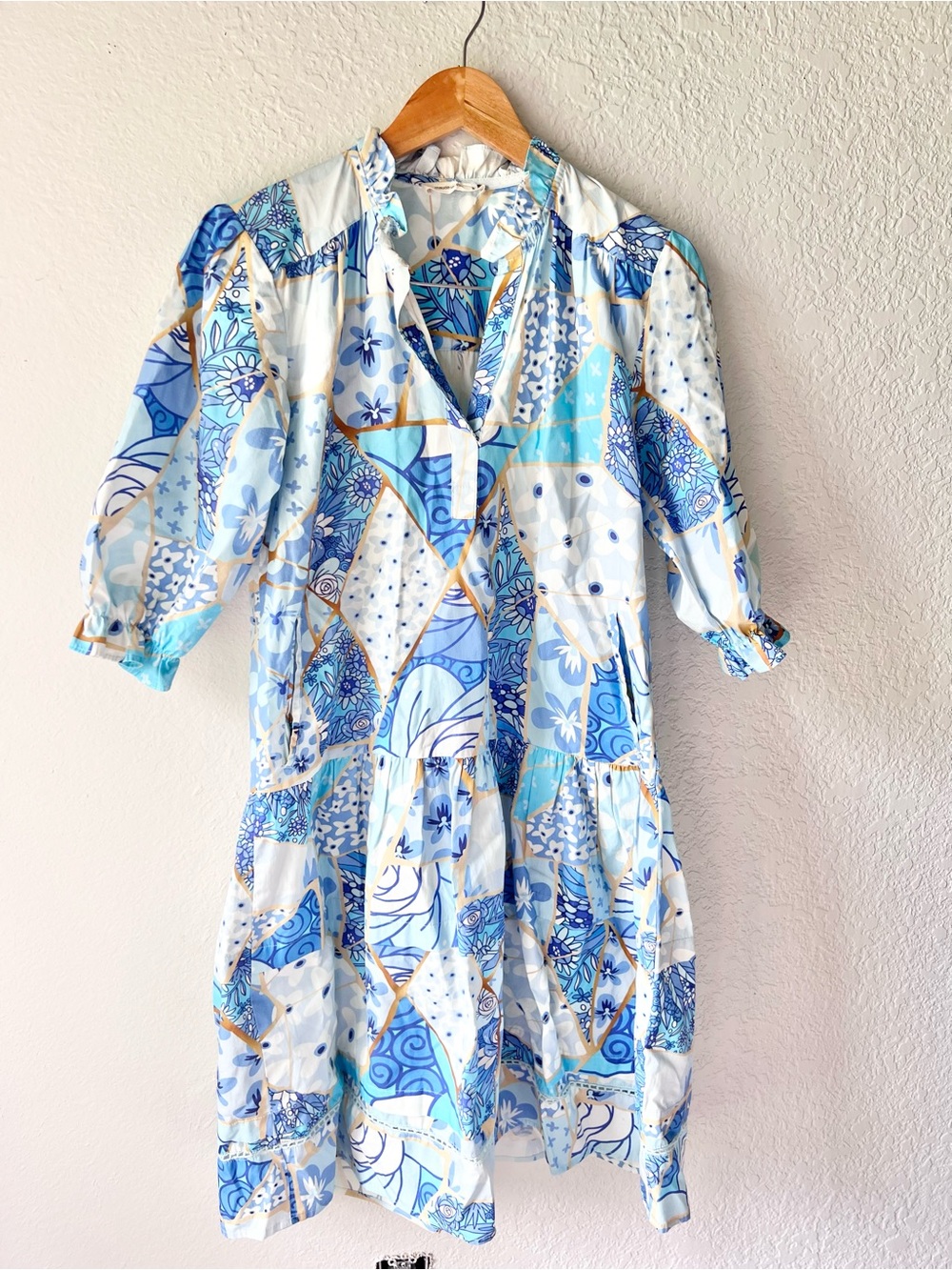 Maude Vivante Blue Patchwork Ruffle Neck Midi Dress Sz S